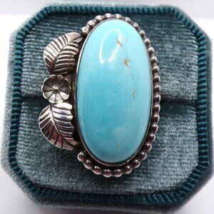 Native American Sterling Silver Oval Turquoise Squash Blossom Statement Ring S 7